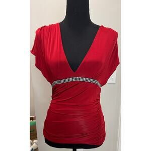 Y2K Vintage Bebe Shirt Rhinestones V-Neck Cinched Waist Classy Glam Red Small